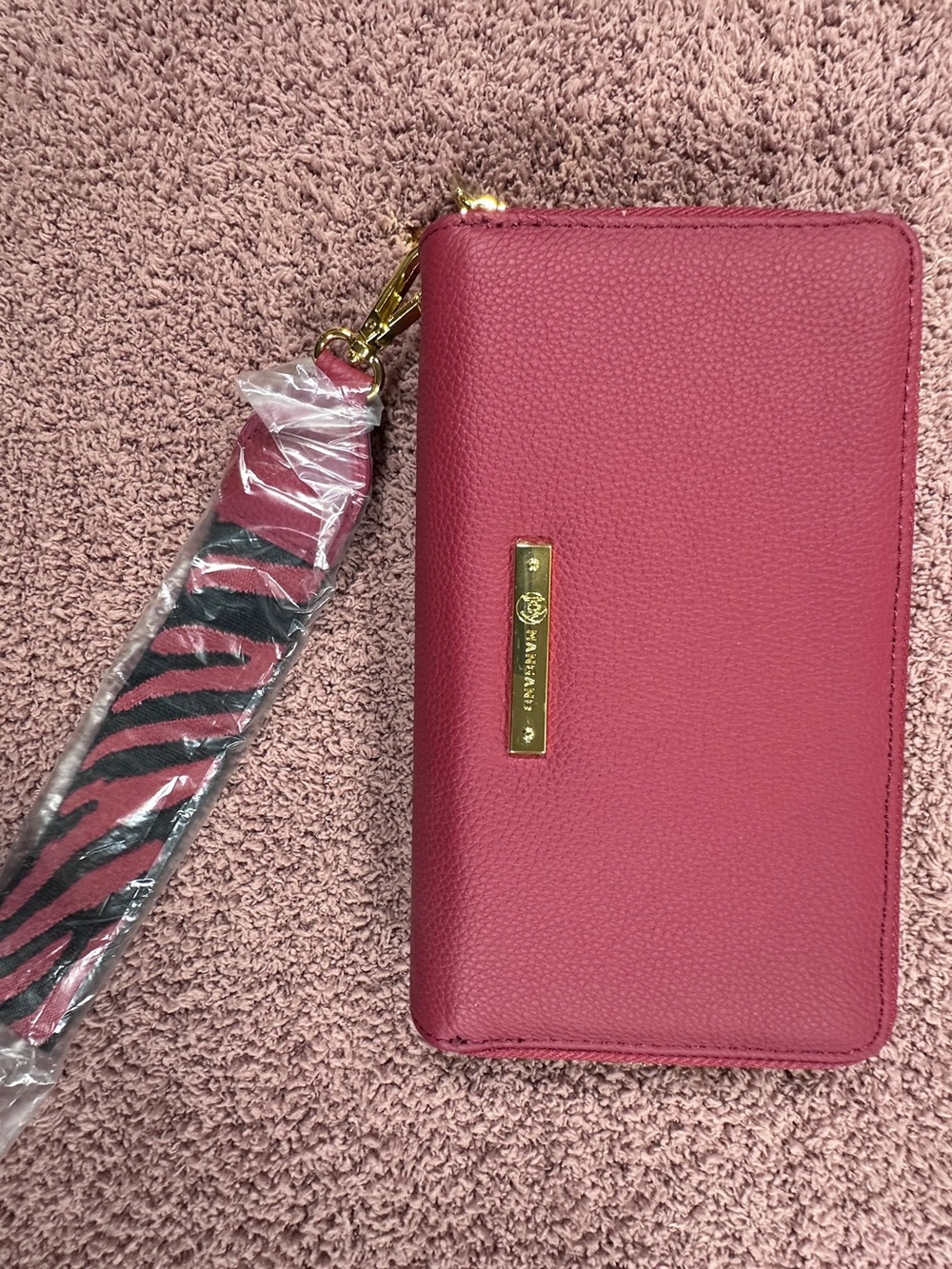 Joy Mangano Raspberry Pebbled Wristlet with Zebra-Accent Strap